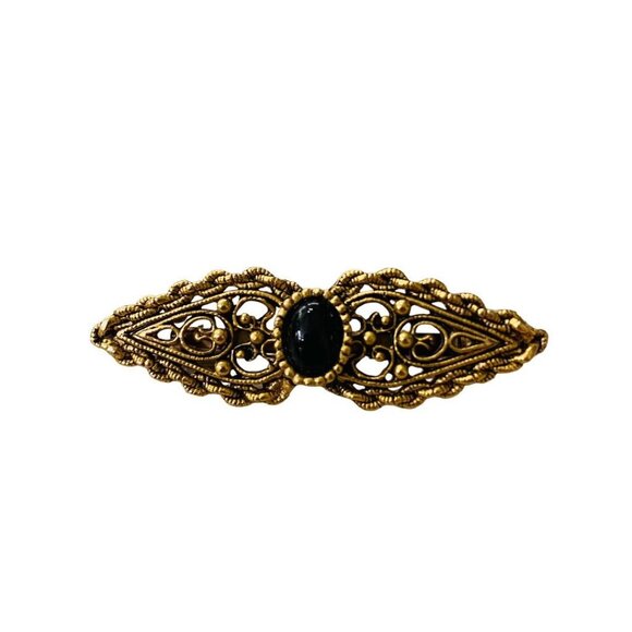 Vintage Victorian Style Brooch Goldtone Black Pin Filigreee Intricate 2" Length - Picture 2 of 16